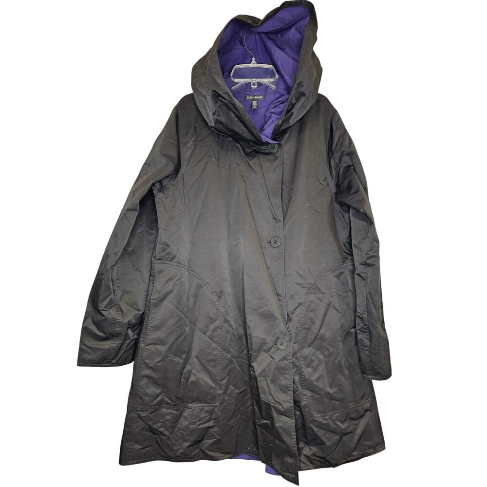 Eileen Fisher Women Black & Purple Reversible Hooded Raincoat-Size Medium